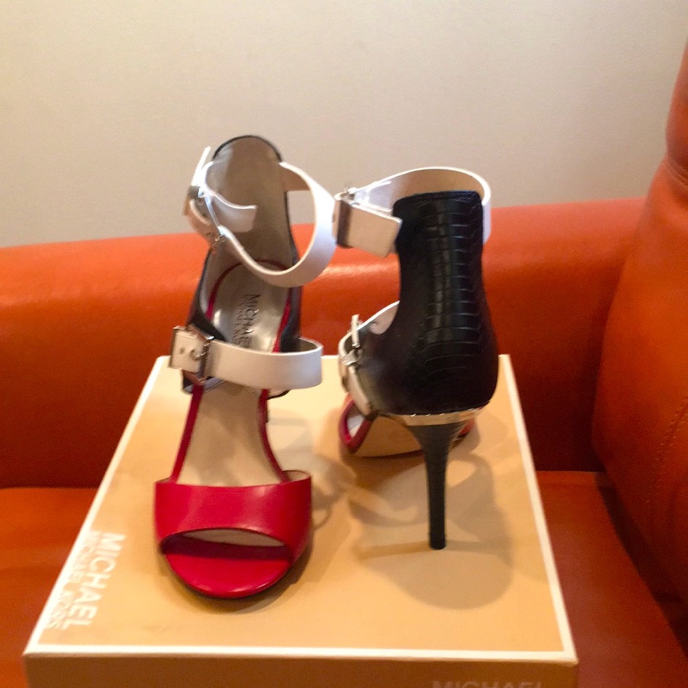 MICHAEL Michael Kors Pink, White & Black Colorblock Strappy Stiletto Heels
